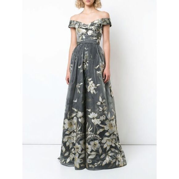 New! MARCHESA NOTTE Women's Floral Embroidered Metallic Fil Coupe Gown V-Back 2 - Picture 1 of 6
